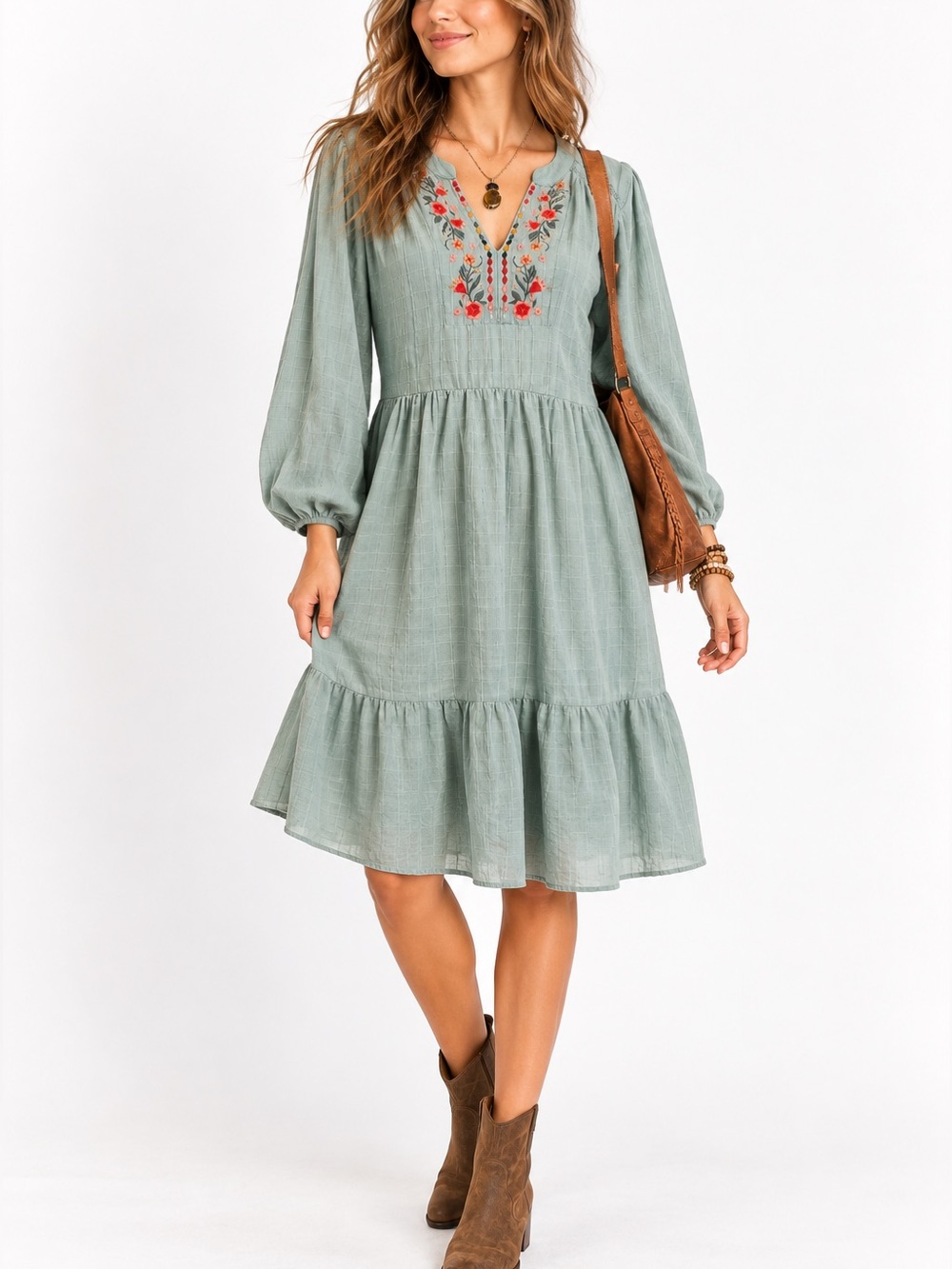 Knox Rose Embroidered Tiered Midi Dress Sage Green Boho Chic XL